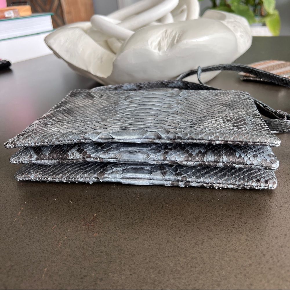 Gray Black Snakeskin python Leather Three-Compart… - image 5